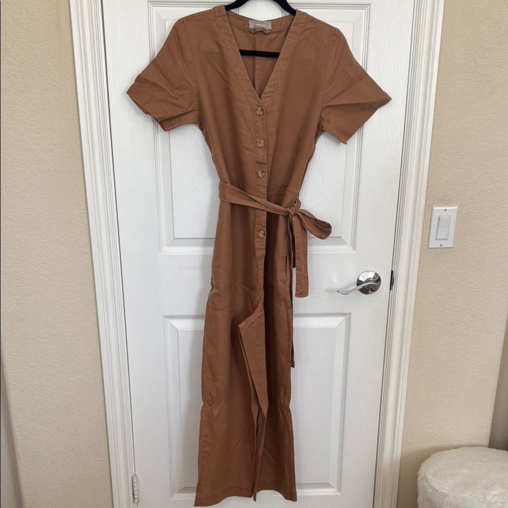 Everlane The Linen Short Sleeve Jumpsuit in Tawny Brown